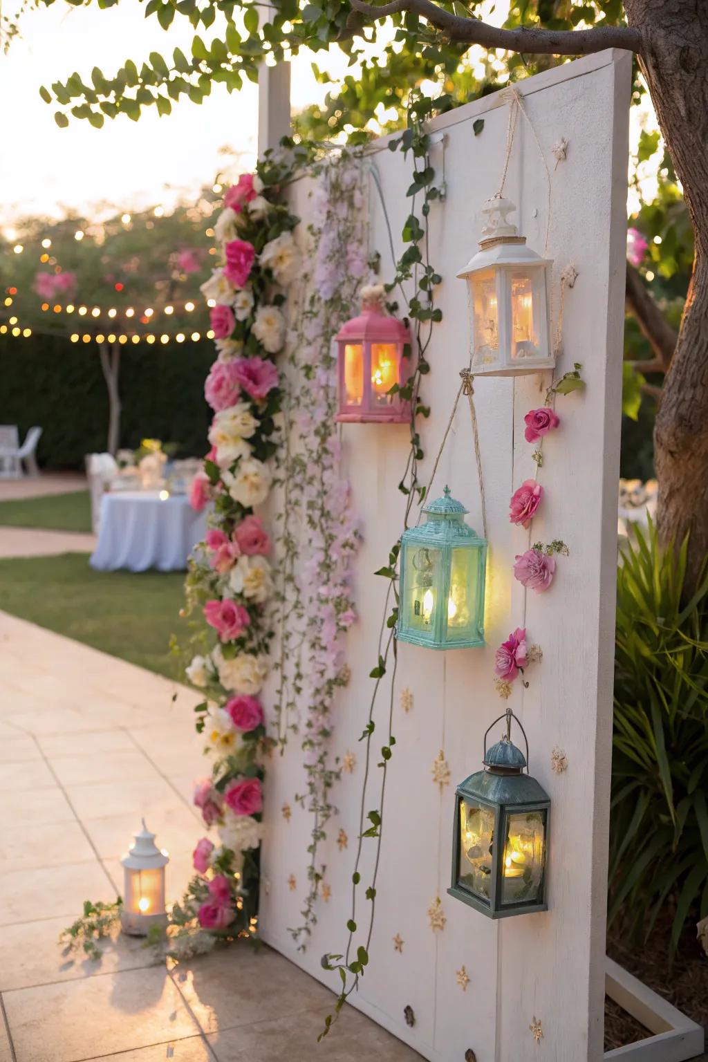A board setup for a backyard gathering with lights and blossoms.