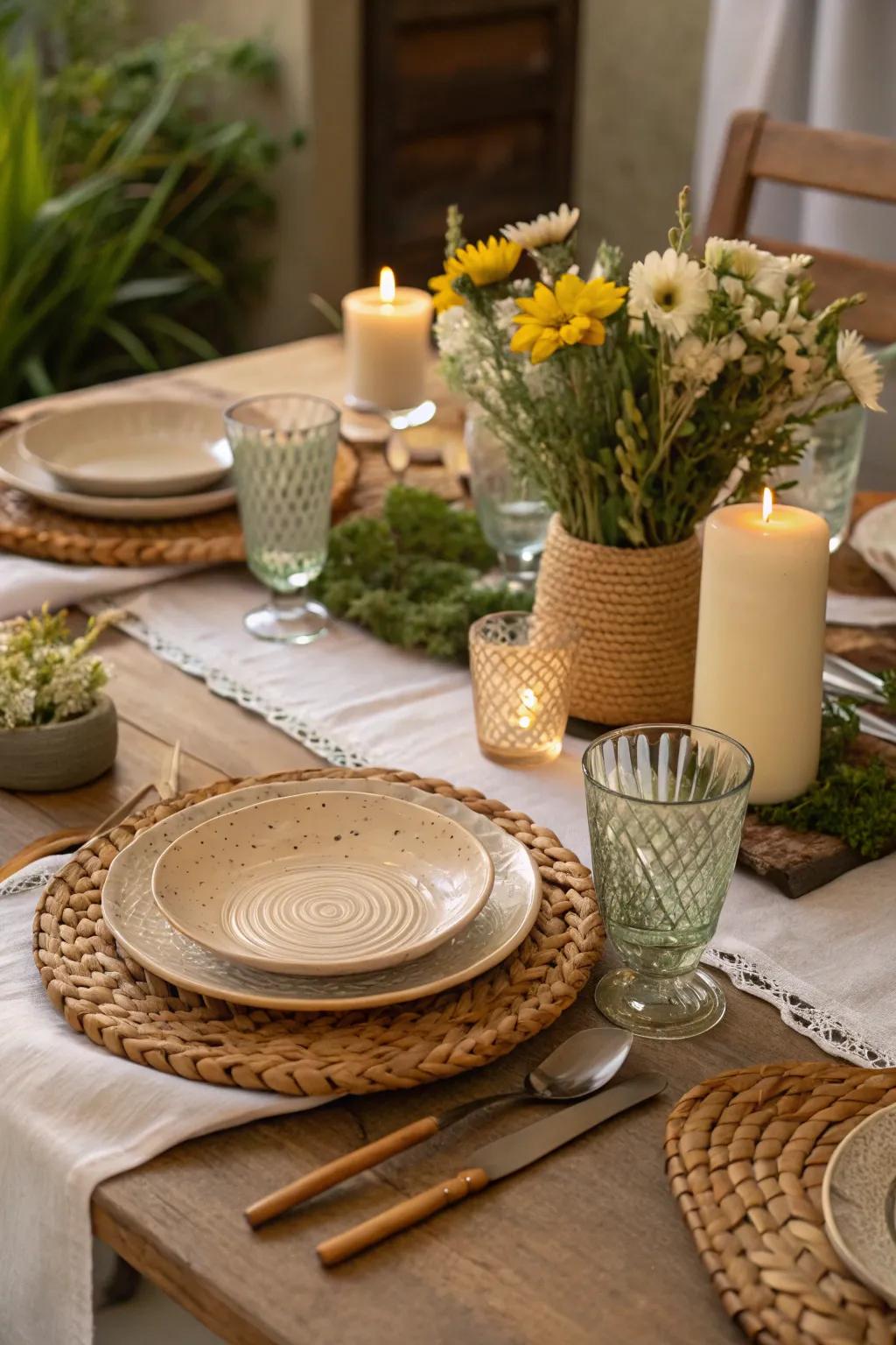 A sustainable table setting with reusable tableware.