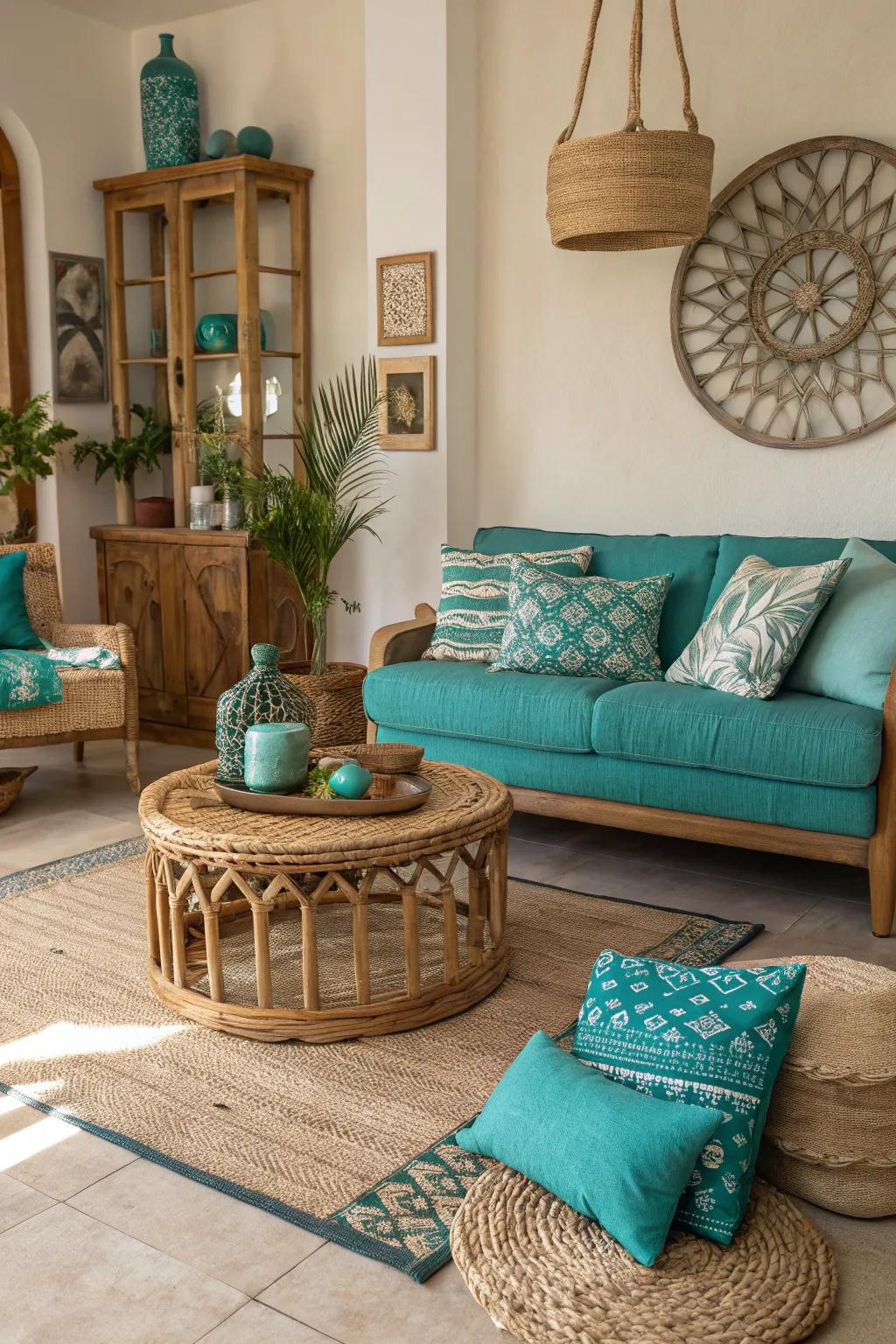 Natural materials harmonize with teal and turquoise for a grounded feel.