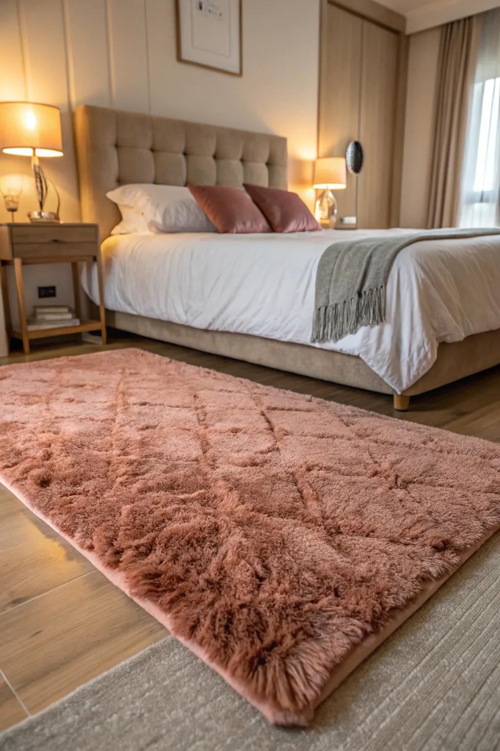 A rose gold rug adds warmth and ties the room together.