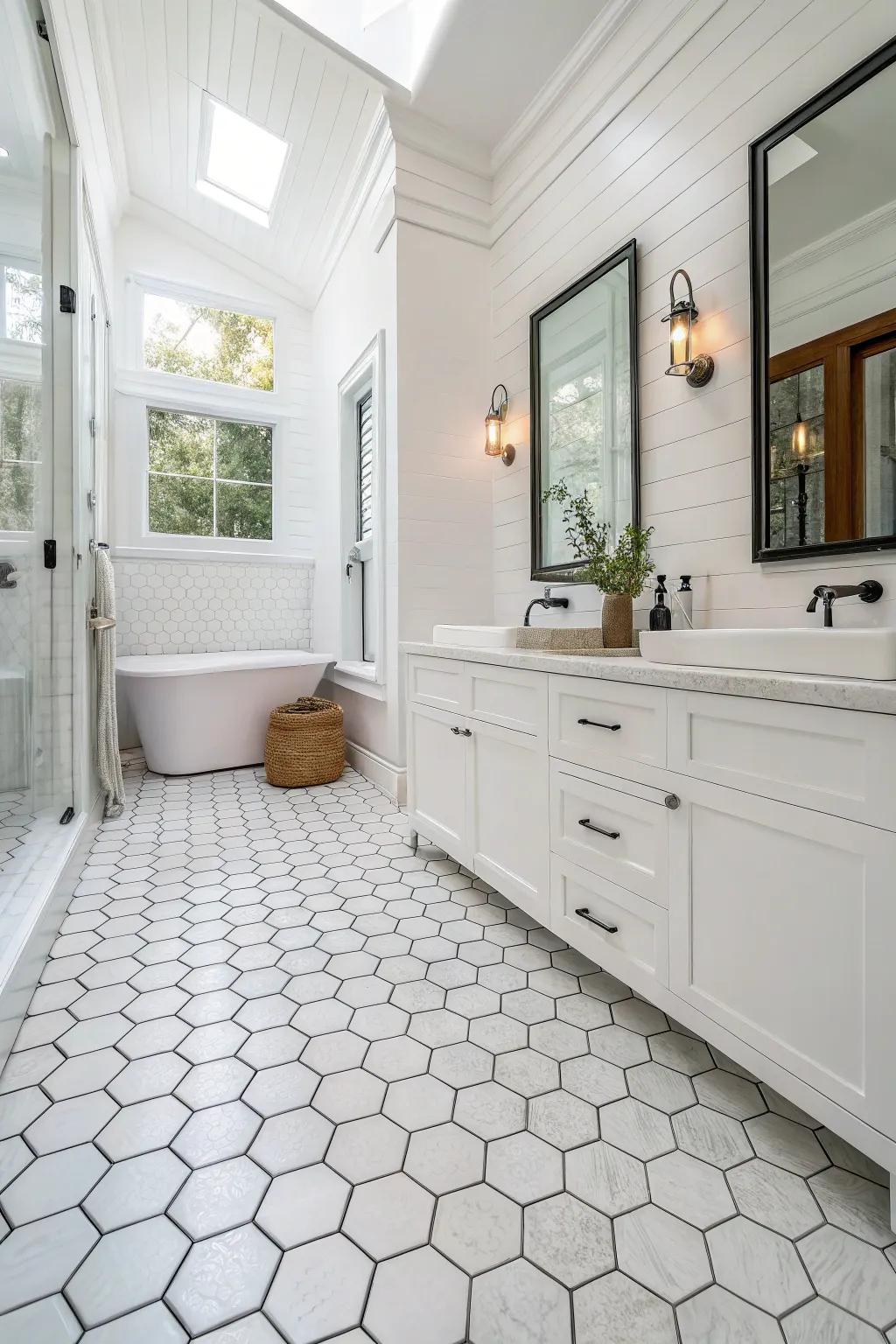 A white bathroom featuring hexagonal tile flooring for added visual interest.