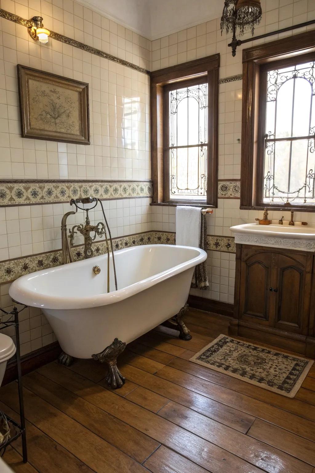 Vintage touches bring a nostalgic charm to the tub area.