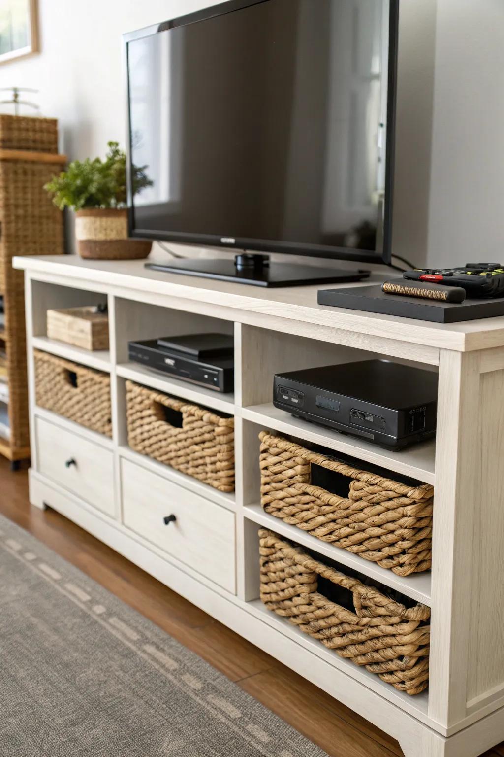 Functional storage with drawers and baskets on a TV console.