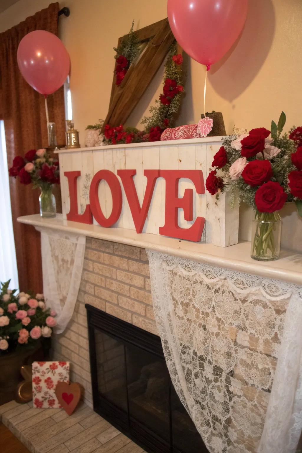 A handmade 'Love' sign adds a personal touch to the mantel.