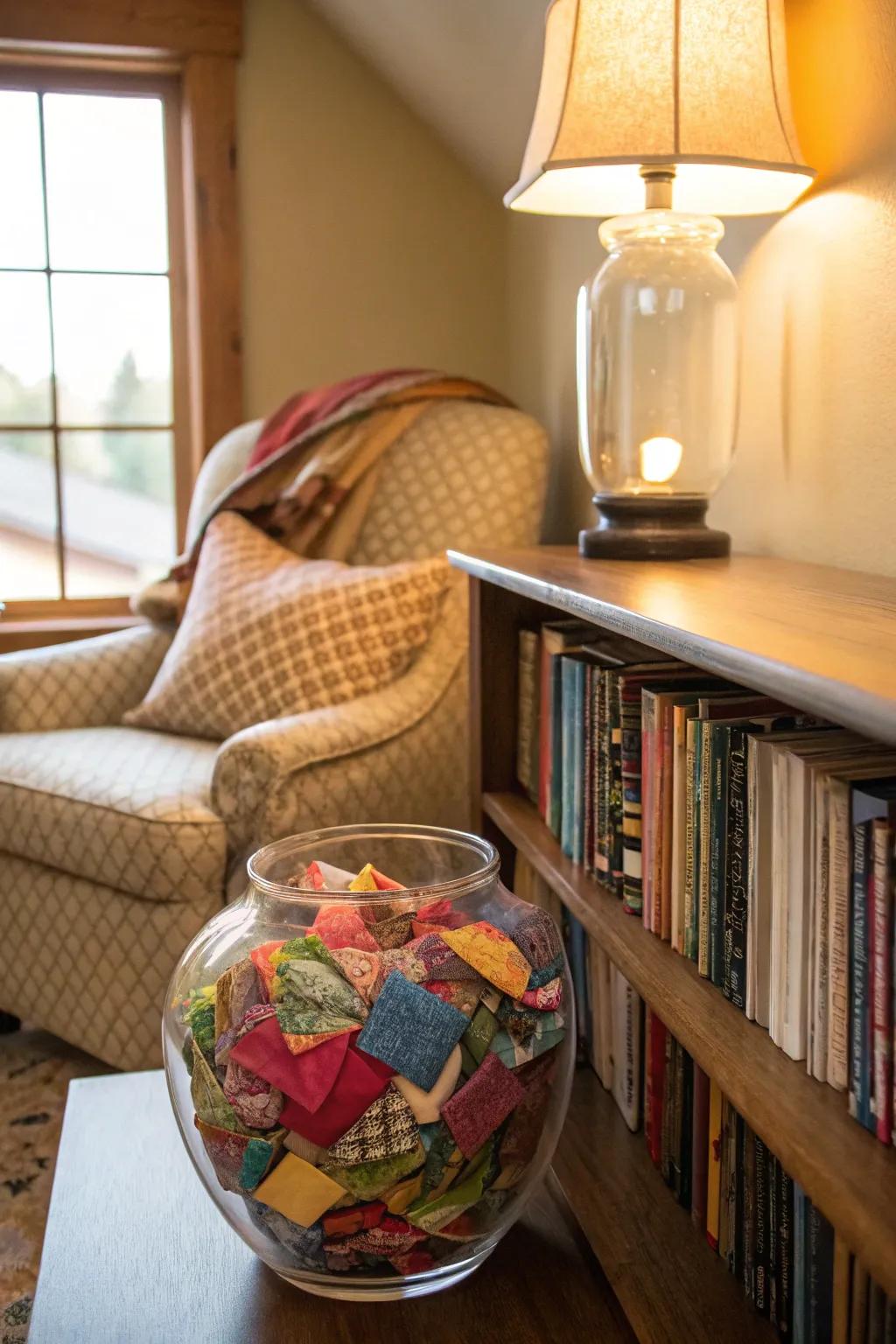 Repurpose fabric scraps for a cozy vase display.