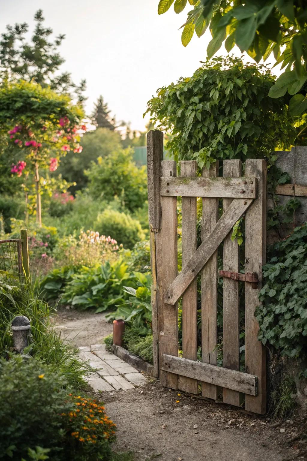 A sustainable gate crafted from recycled pallets.