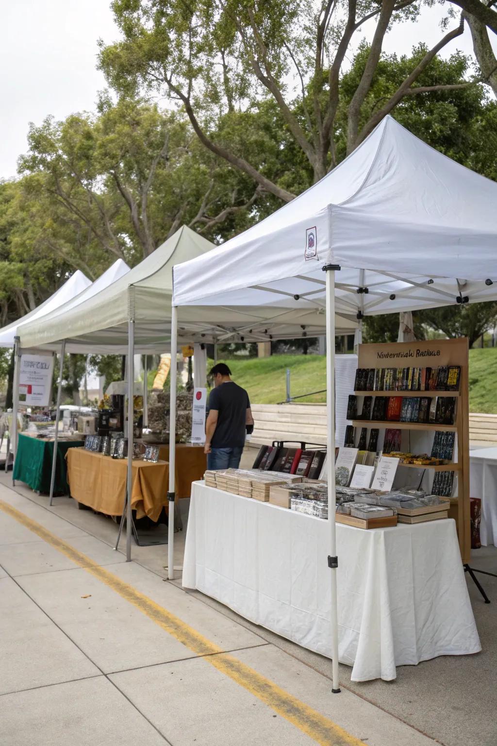 A weatherproofed booth setup equipped with protective tents.