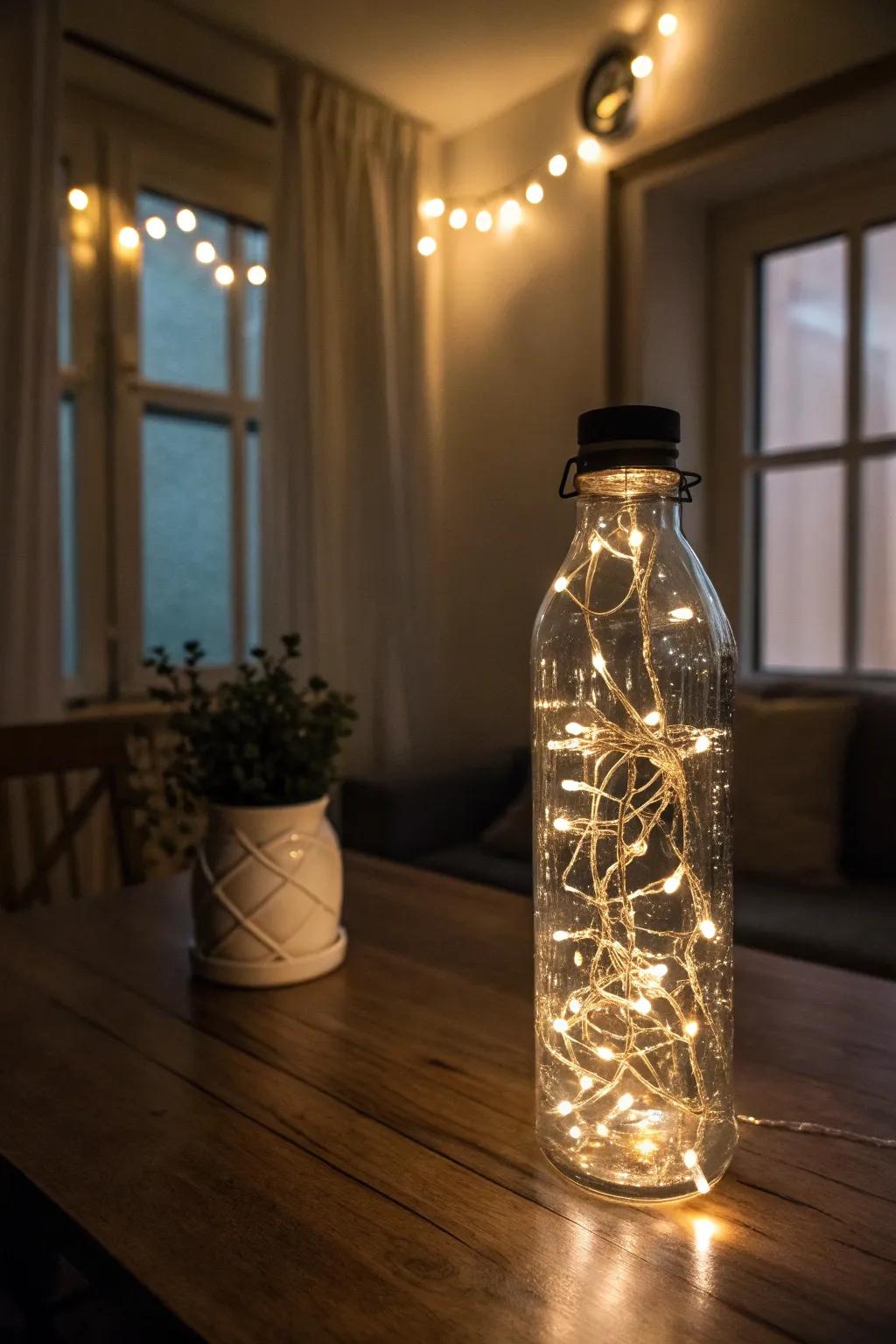 A water bottle filled with warm fairy lights creating a magical glow.