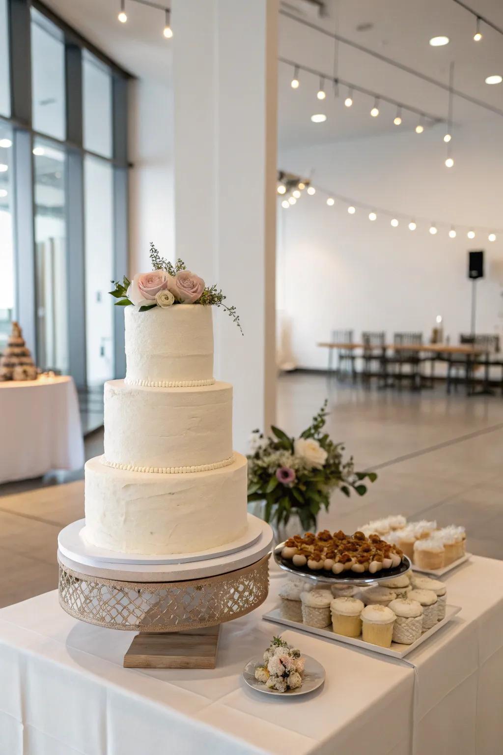 A sleek and modern wedding cake display with minimalistic charm.