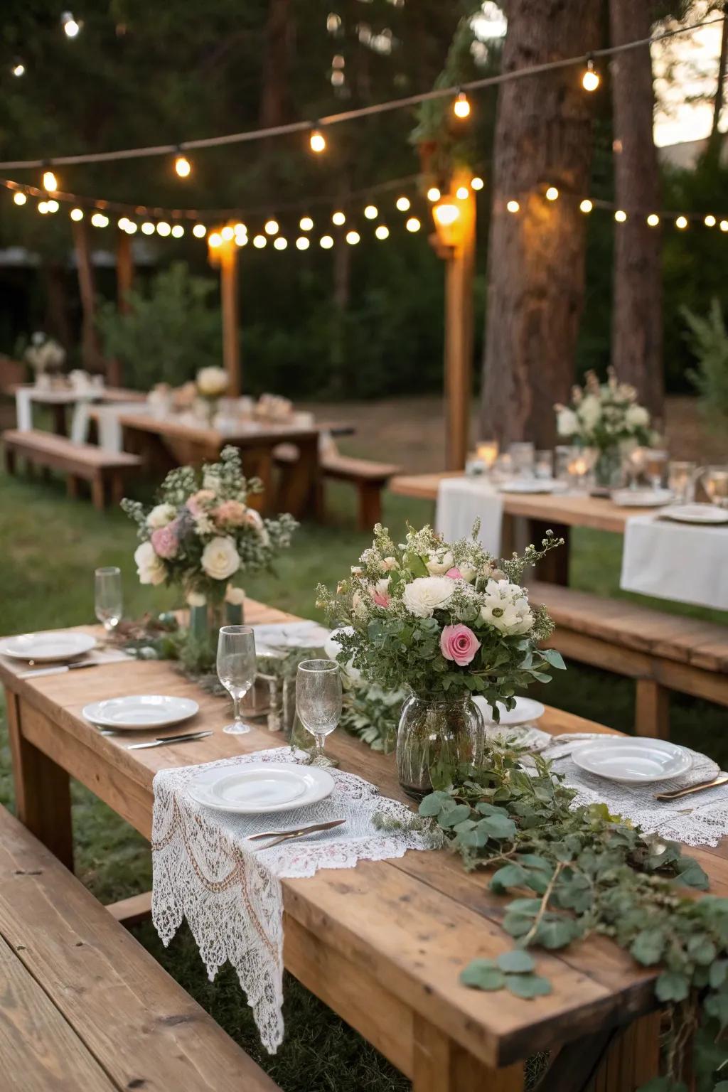 A rustic wedding setup with charming natural elements.