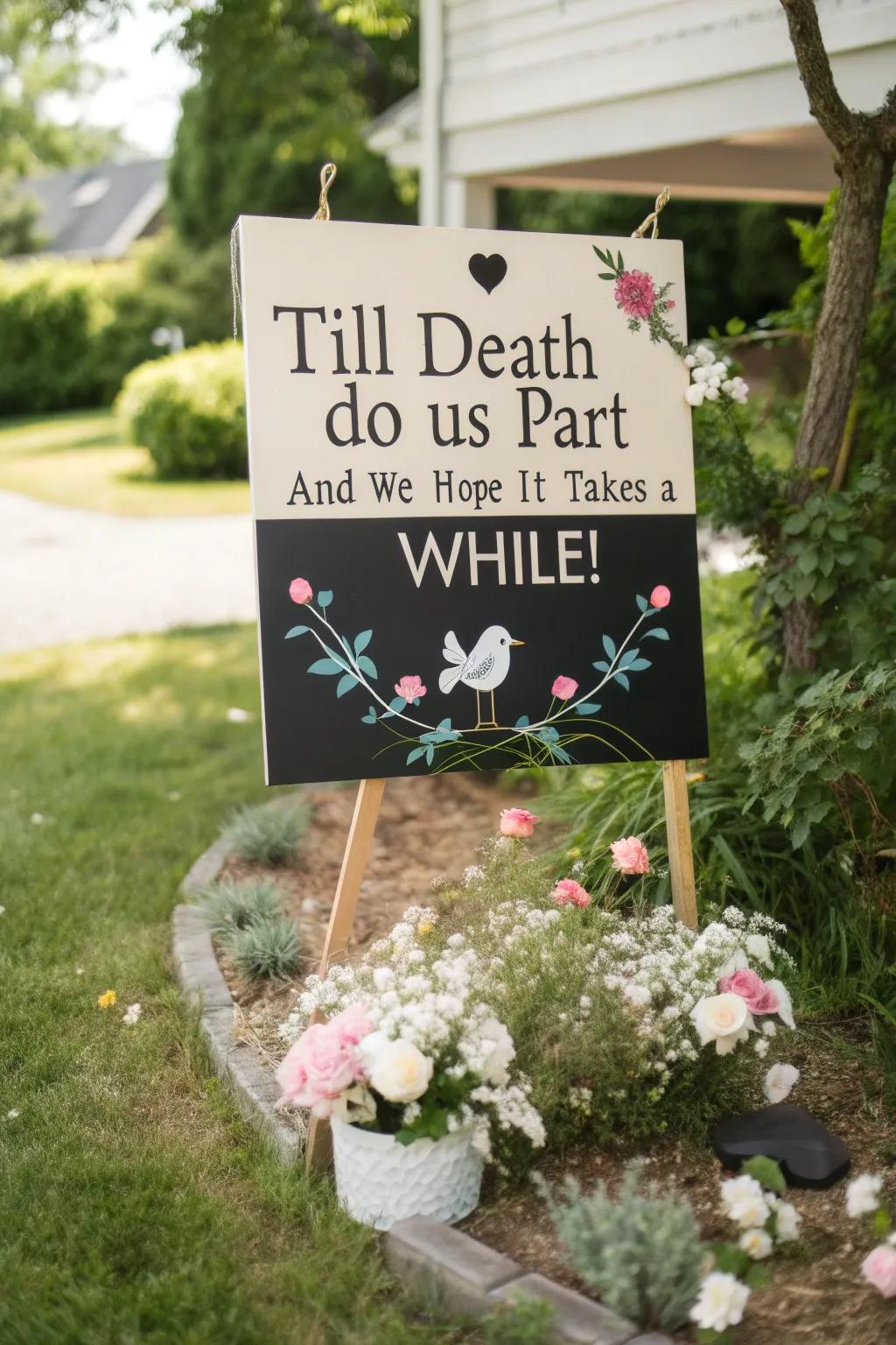 A humorous sign adds personality to the wedding.