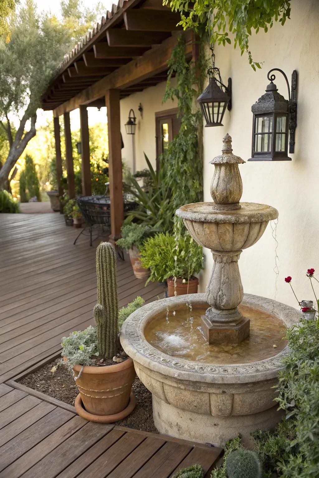 A water element introduces serenity and elegance to the patio.