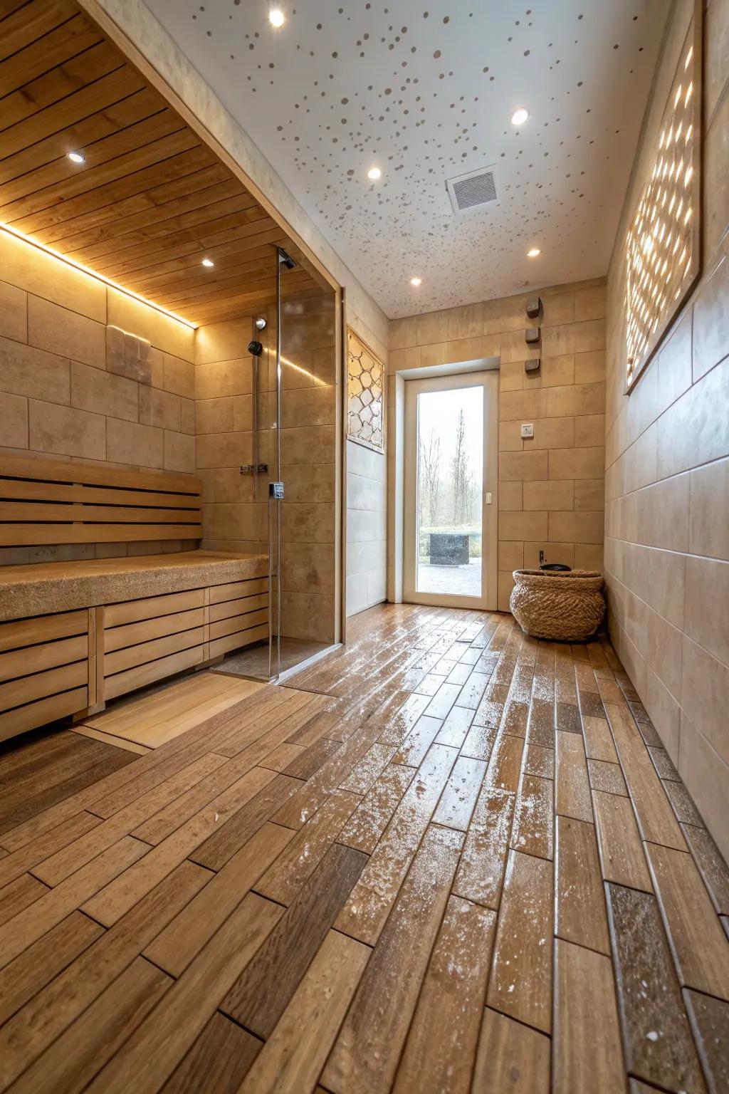 Timber-patterned sections deliver warmth and sophistication in wet rooms.