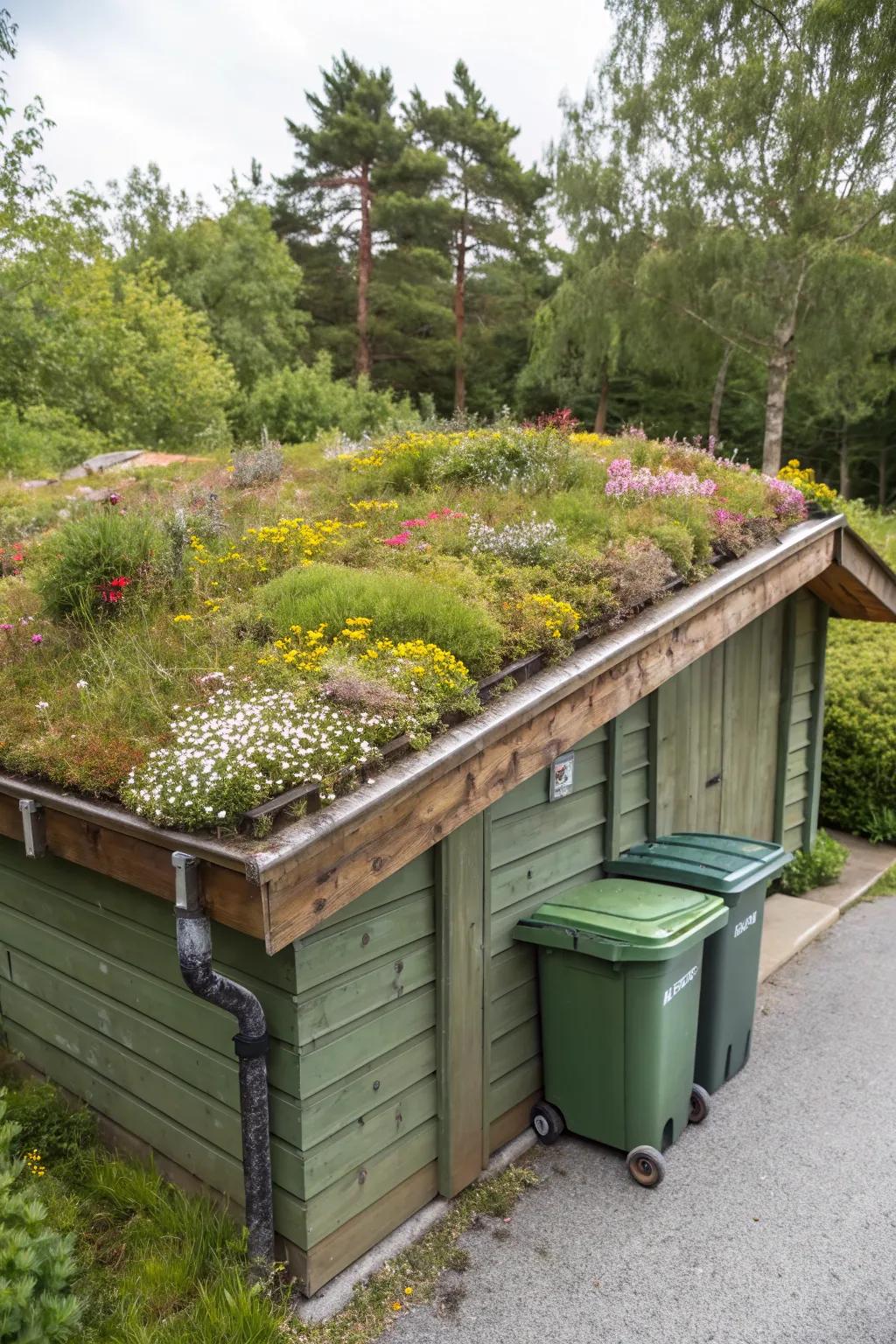 Enhance your garden with a living roof on your bin store.