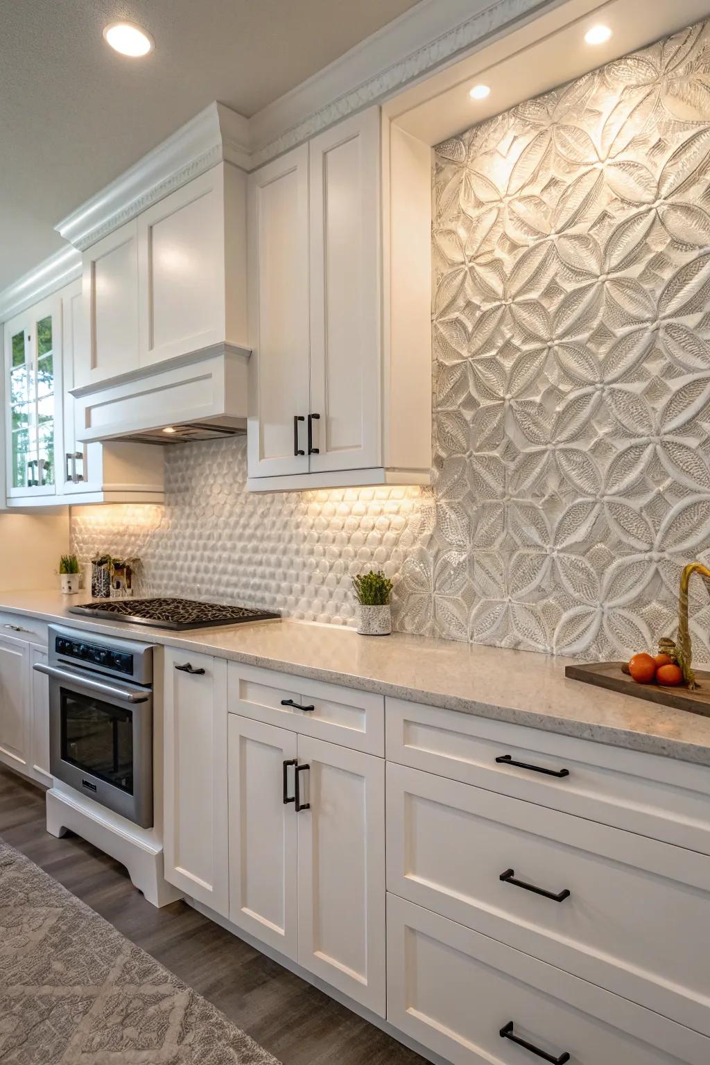 3D tiles creating a captivating focal point in a white cabinet kitchen.