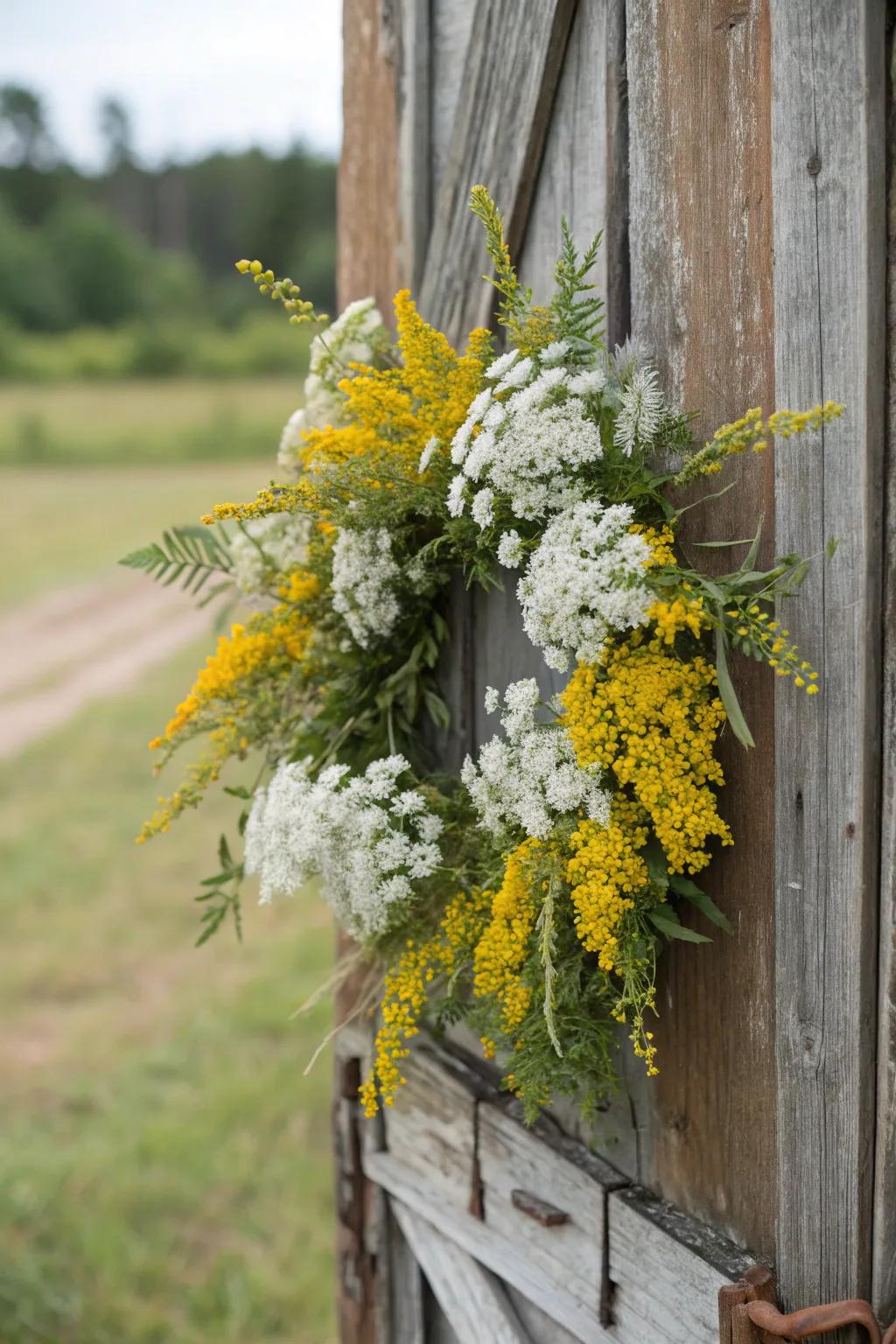 A seasonal wildflower garland injects allure into any entrance.