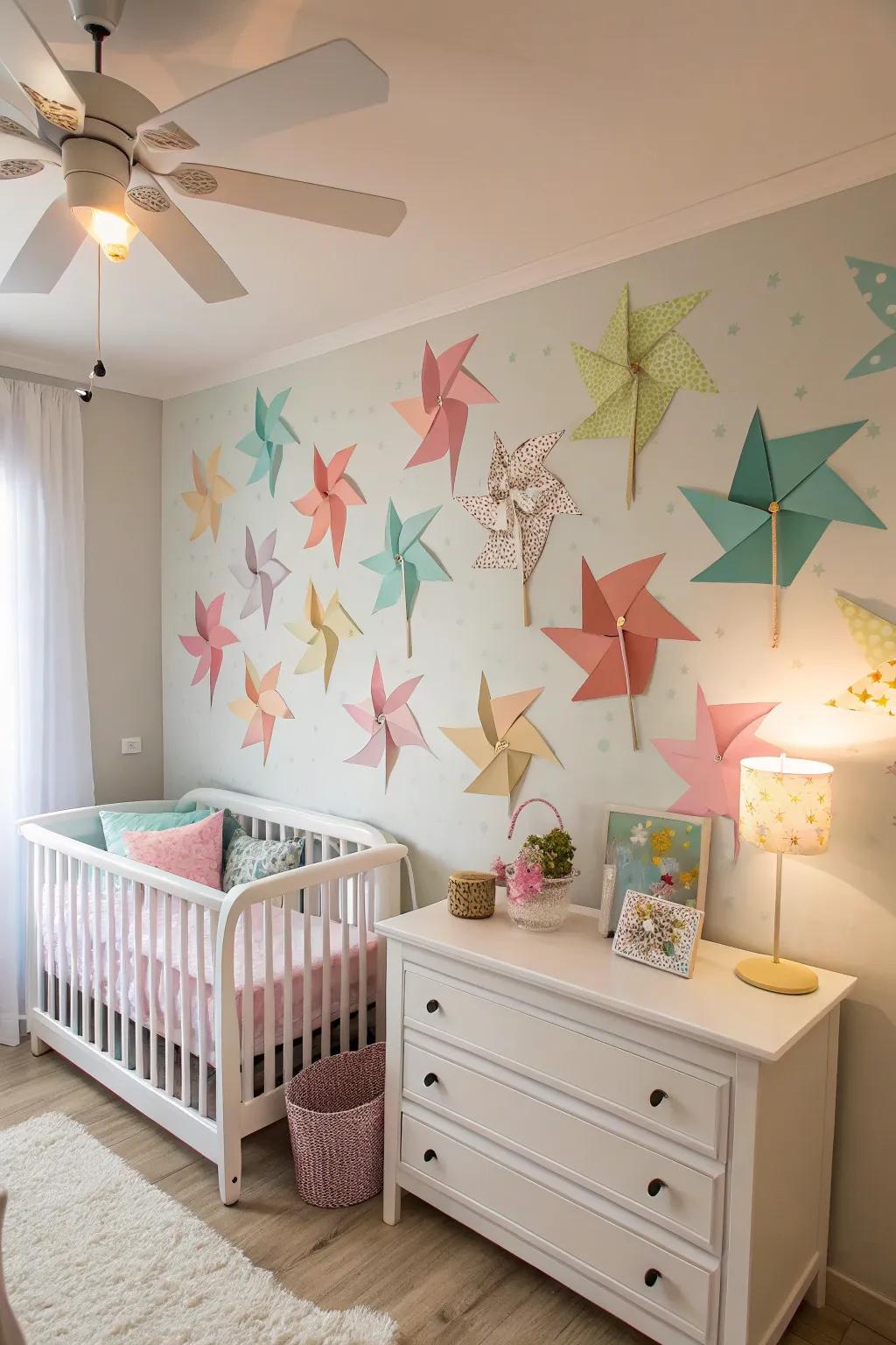 Colorful windmill decor adds a whimsical touch to the nursery.