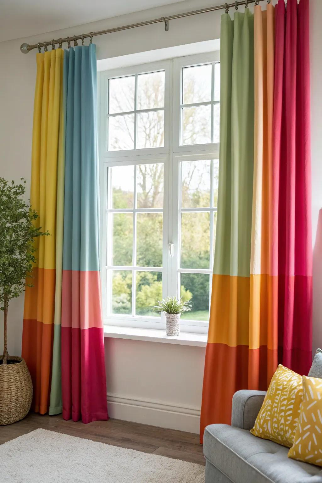 Contrasting shade curtains contribute a contemporary touch to this lounge.