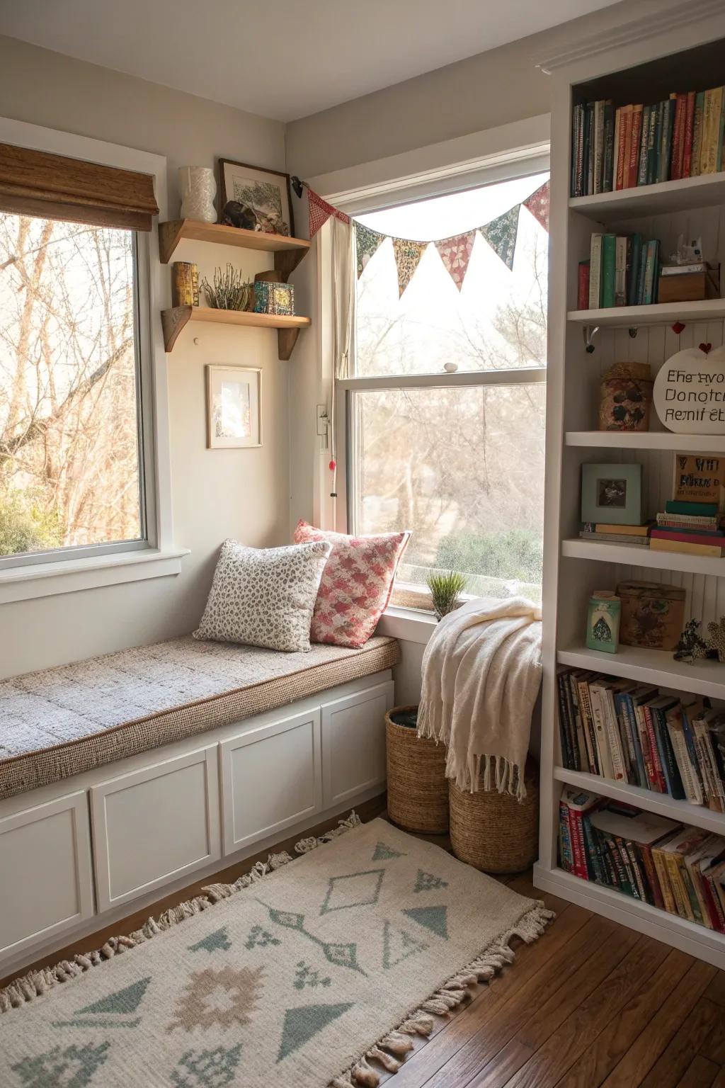 A DIY window reading nook with personalized touches.