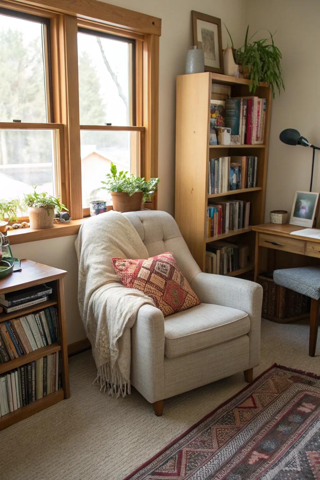 A reading nook offers a perfect escape for relaxation.