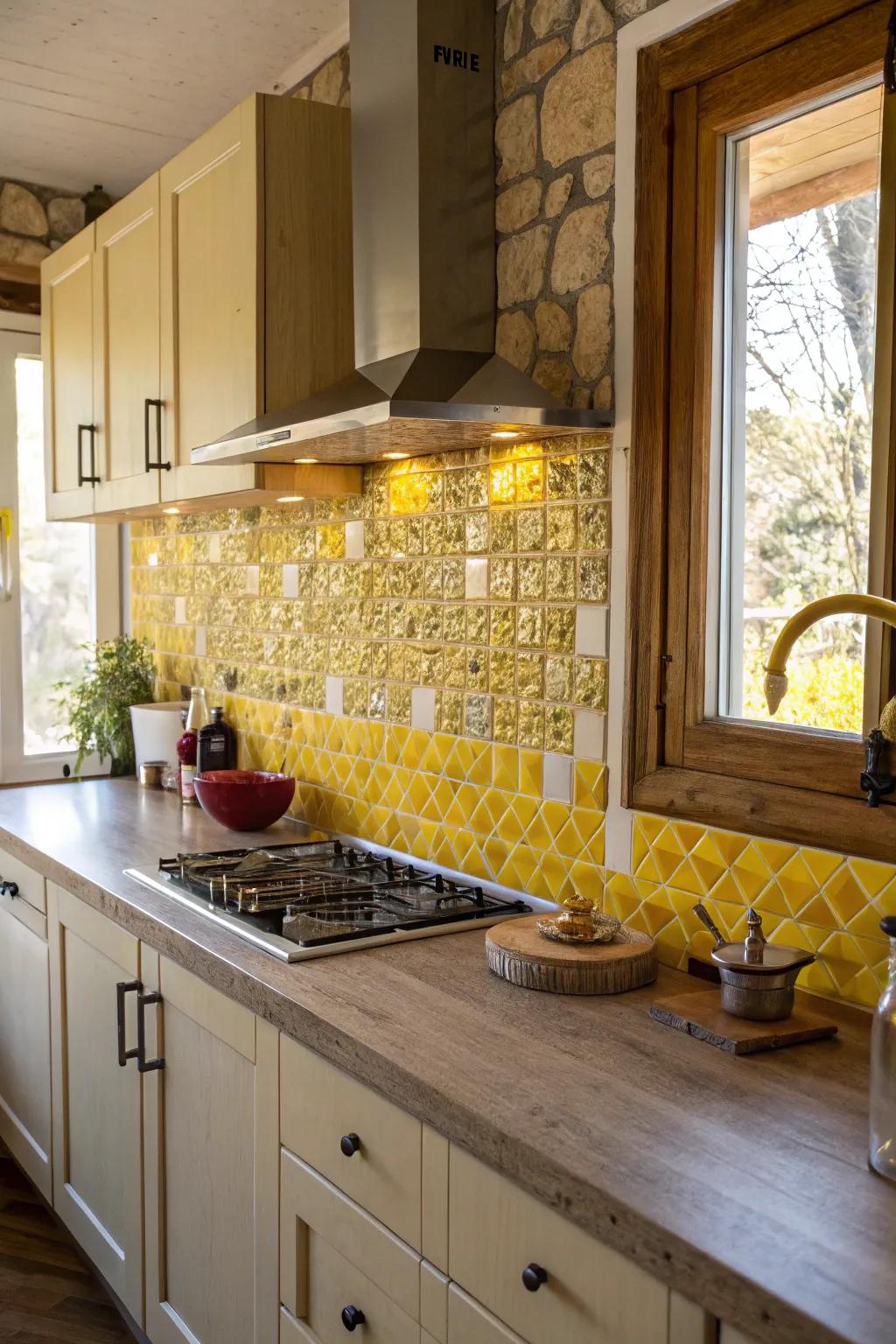 Mosaic tiles in shades of yellow add depth and texture.