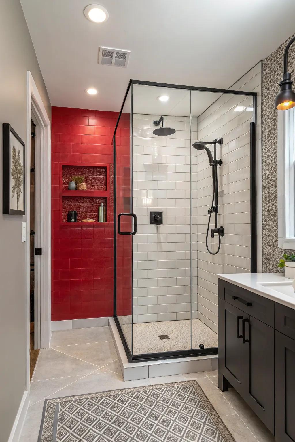 Accent walls add color and personality to compact showers.