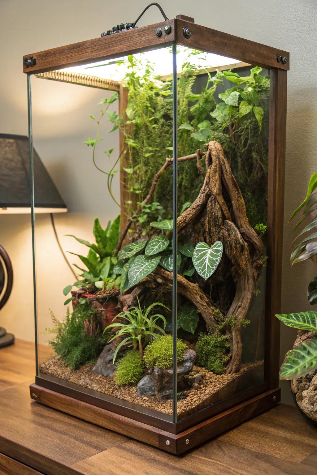 A rainforest retreat terrarium with lush greenery.