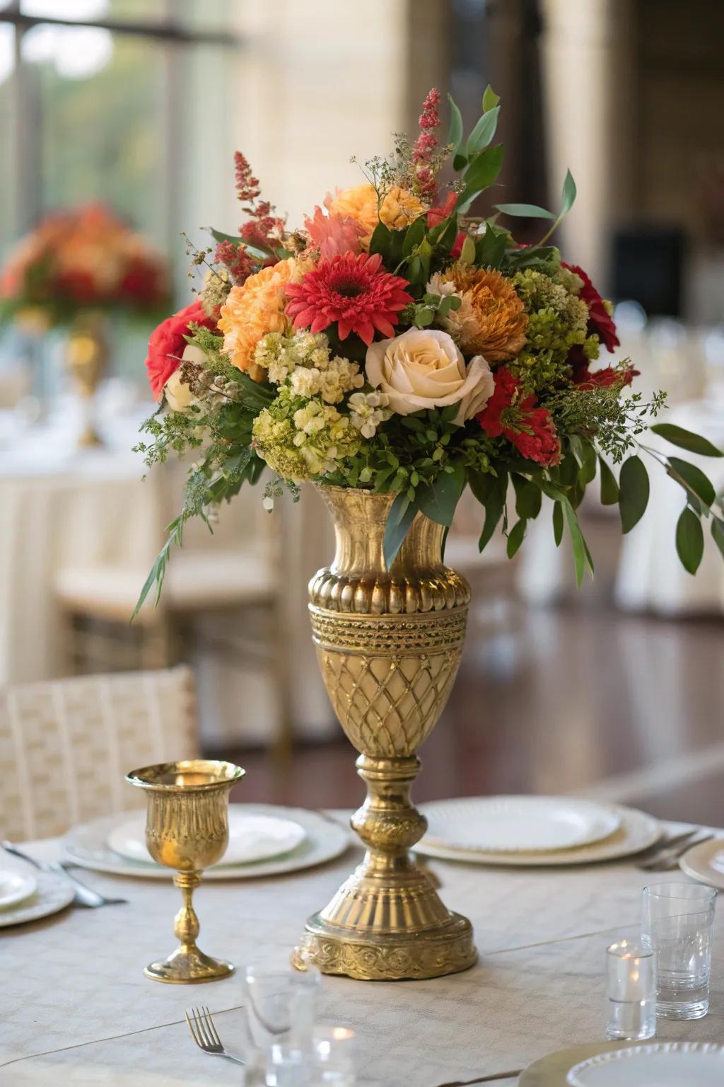 A stunning centerpiece integrating gold and floral aspects.