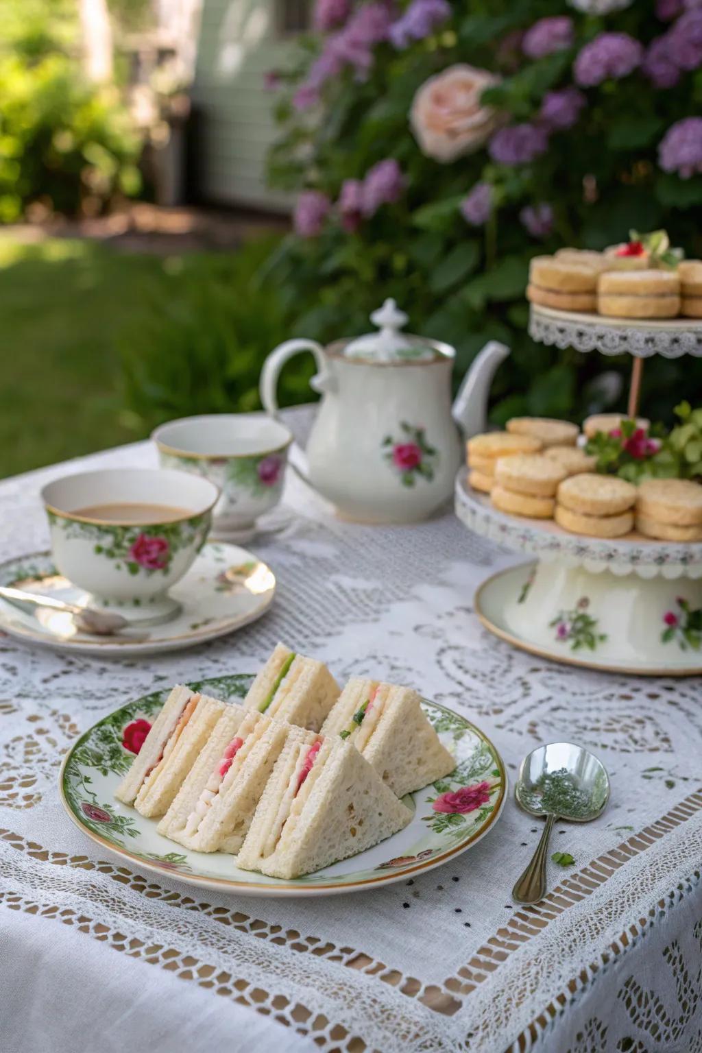 An elegant tea party setup in a charming garden.