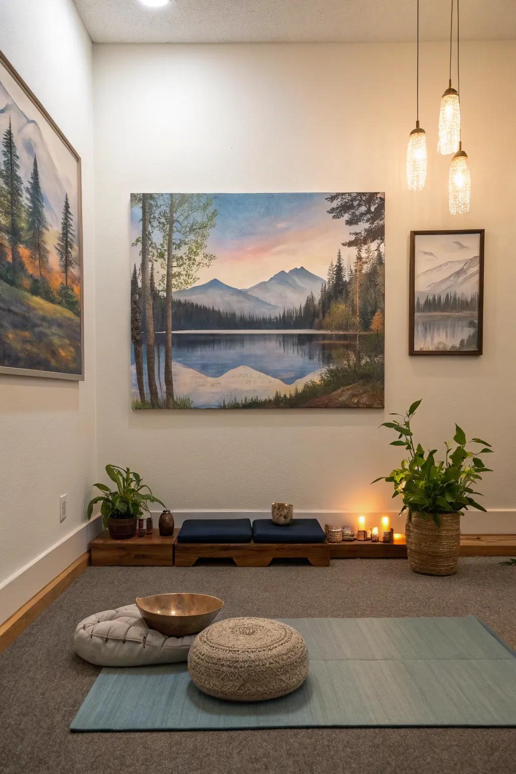 Ethereal lake painting enhancing the serenity of a meditation space