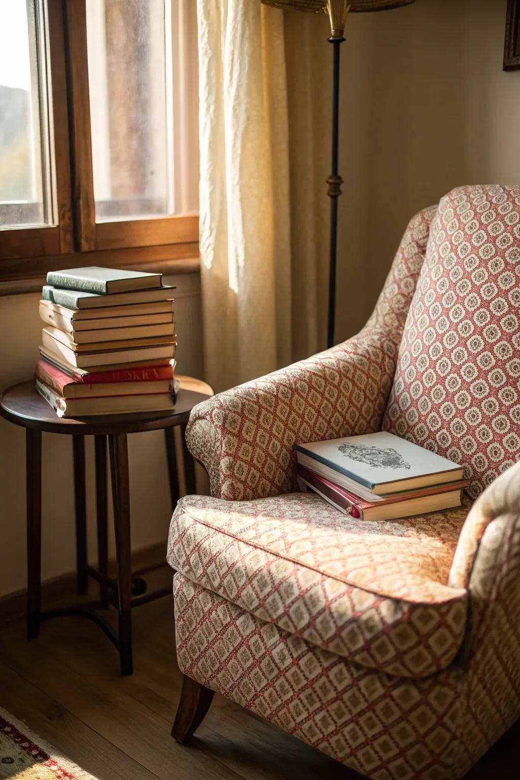 A reading nook provides a personal retreat.