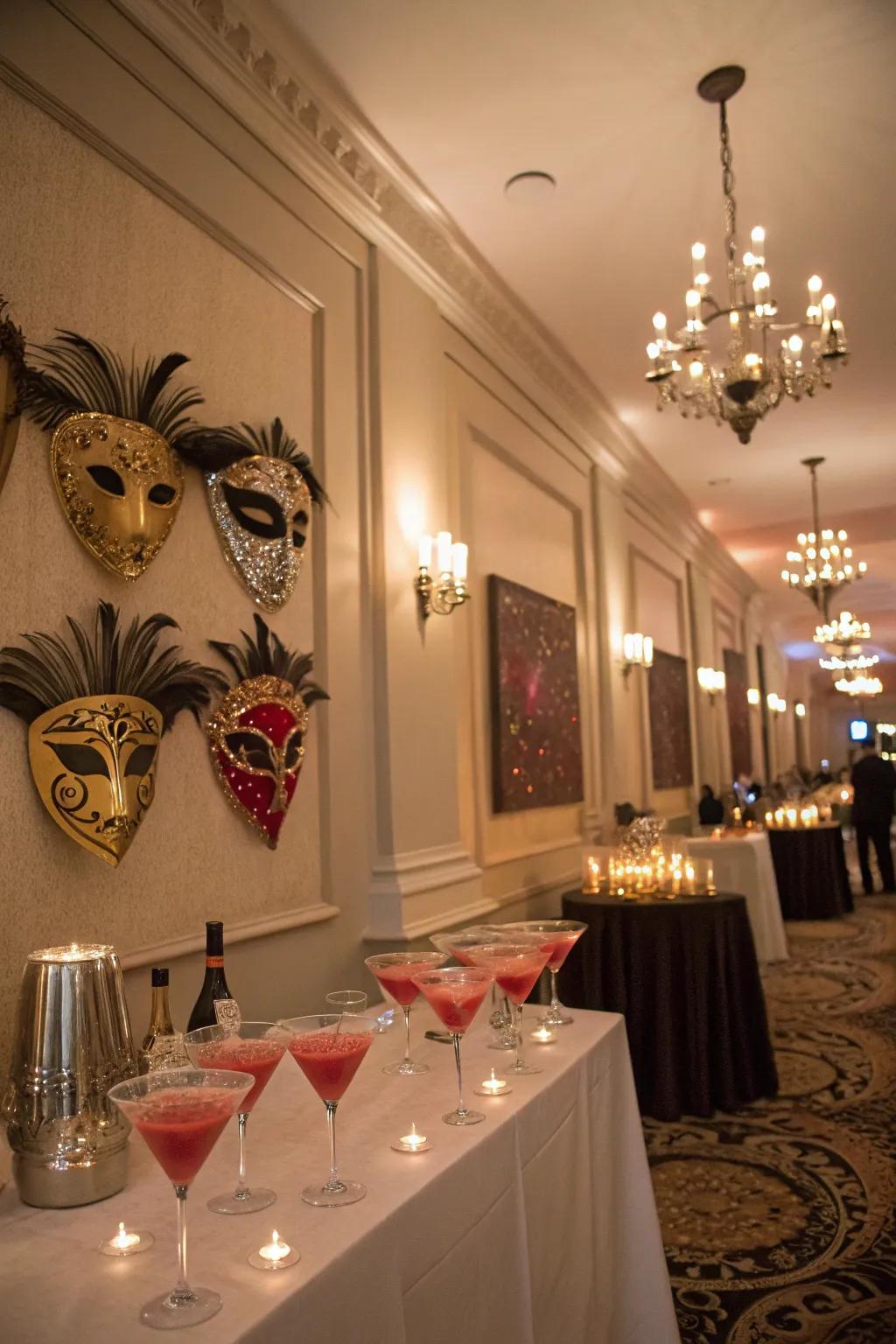 A stylish masquerade cocktail party setup.