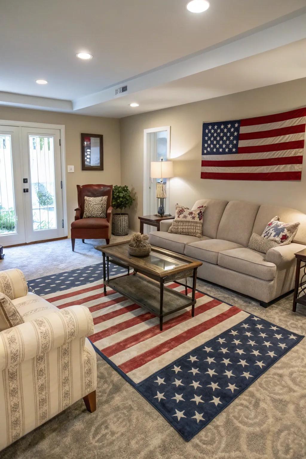 A flag-themed rug subtly enhances this modern living space.