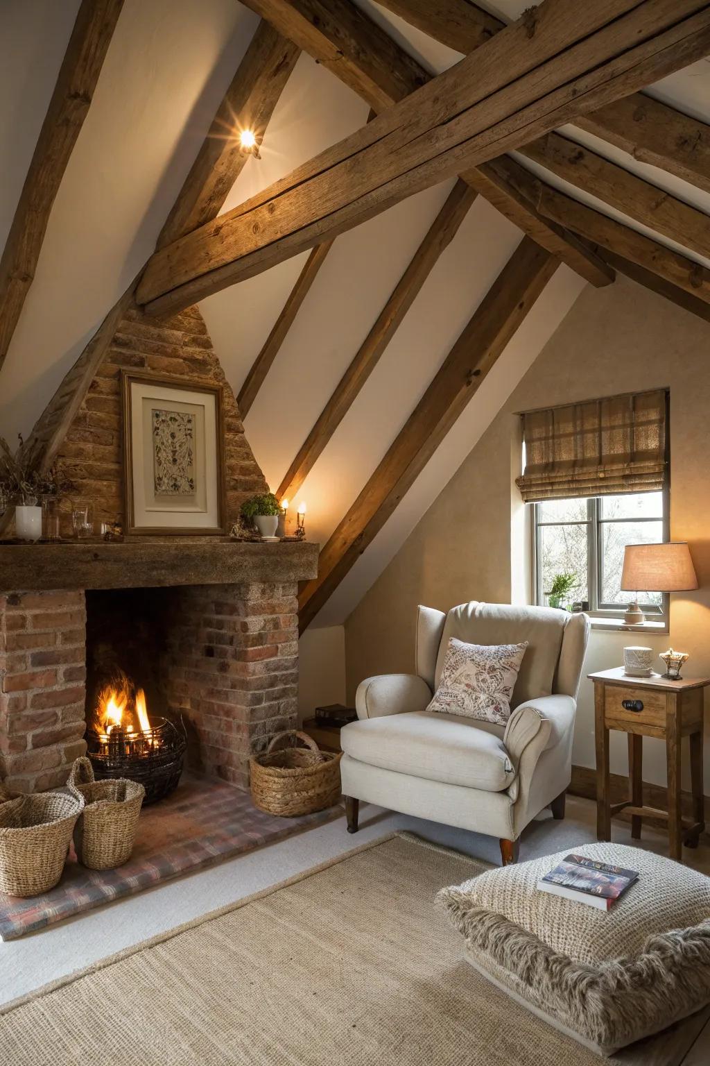 A rustic hearth is the quintessential focal point for a cozy attic bedroom.