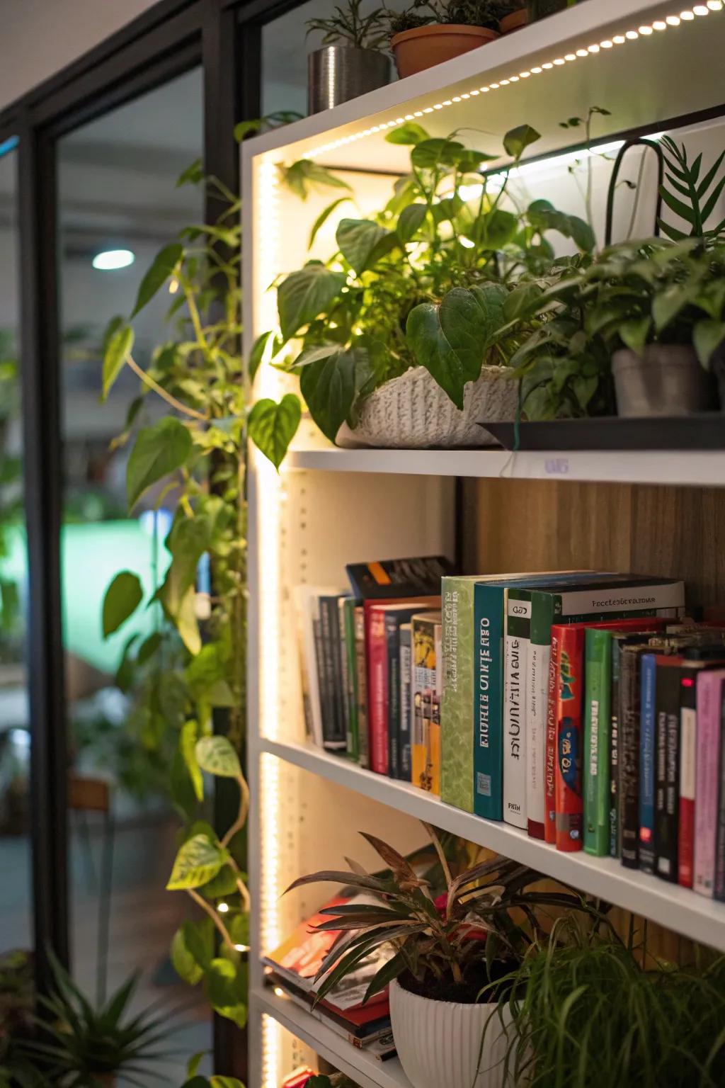 A bookshelf garden with integrated grow lights, blending books and plants.