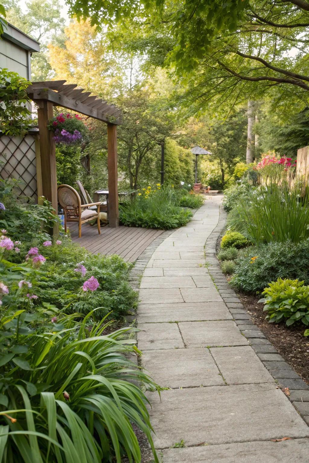 Cement blocks delineate pathways and structure gardens.