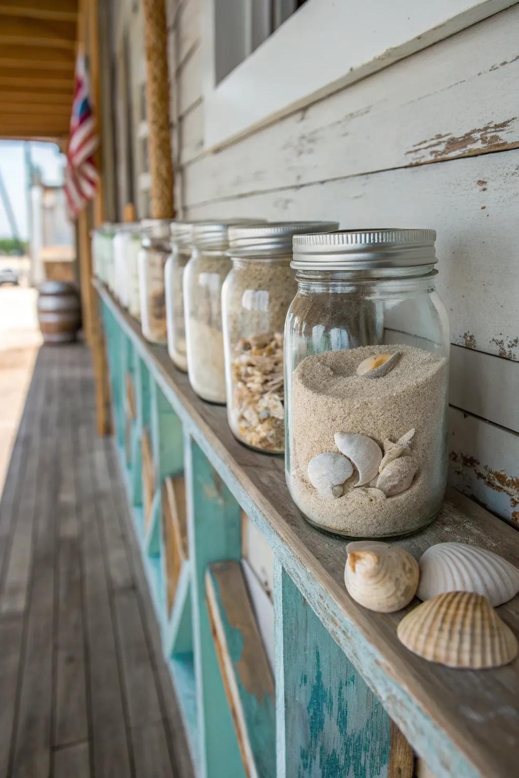 Shoreline-inspired decoration employing preserving jars introduces a coastal vibe indoors.