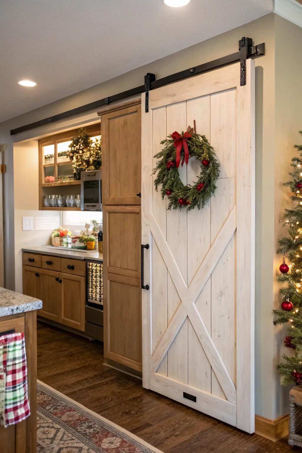 A kitchen with a sliding barn door pantry decorated with a seasonal wreath.