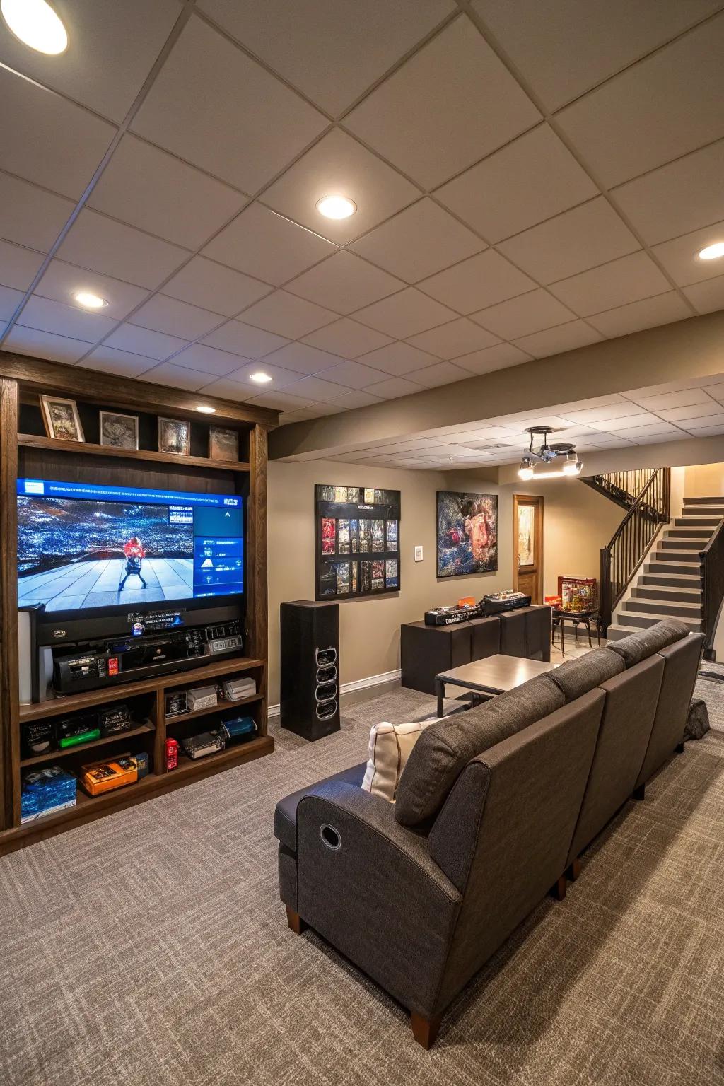 A basement TV wall with an entertainment zone that includes a gaming area for diverse activities.