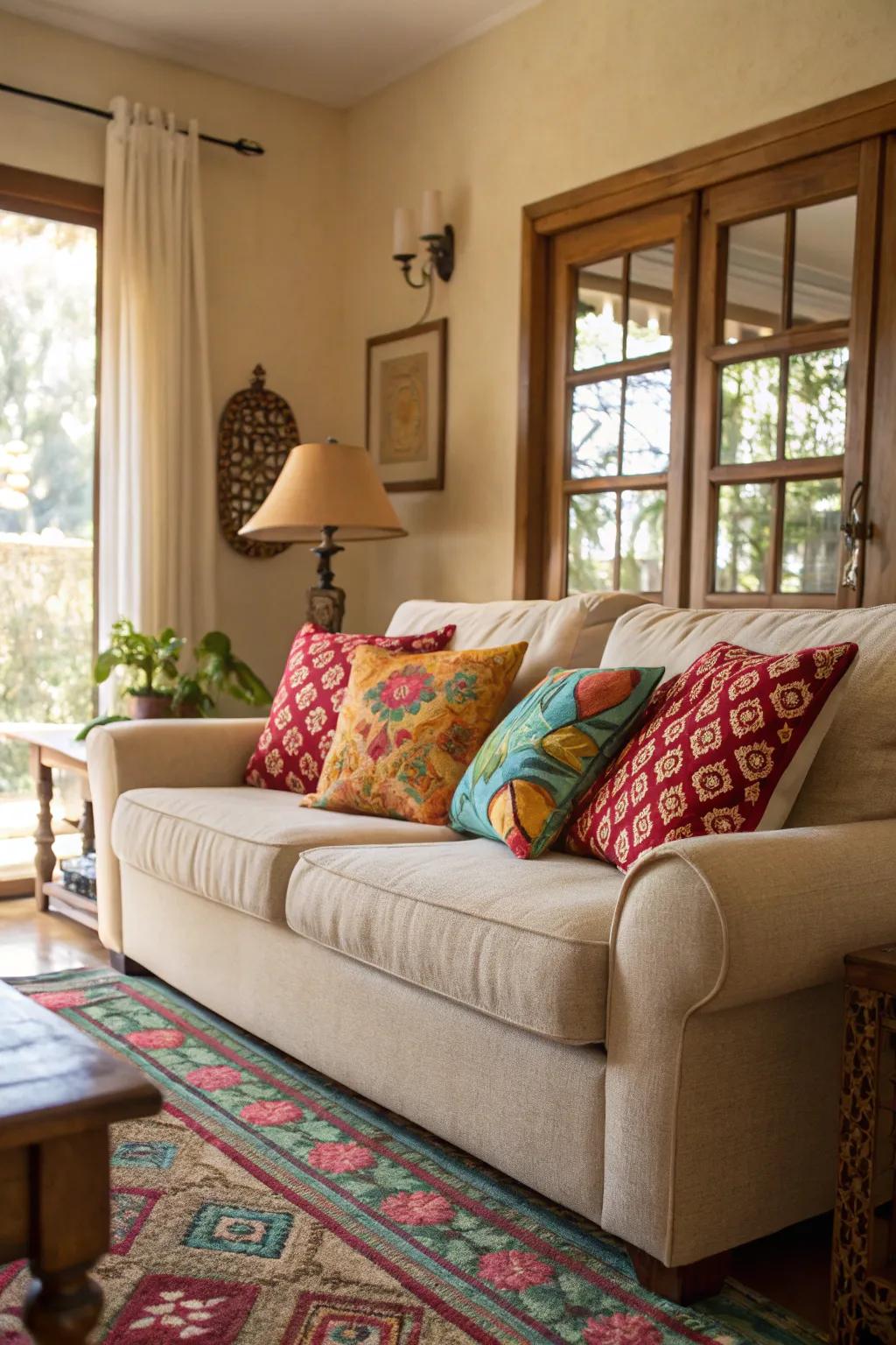 Bright cushions add a playful pop of color to a beige couch living room.