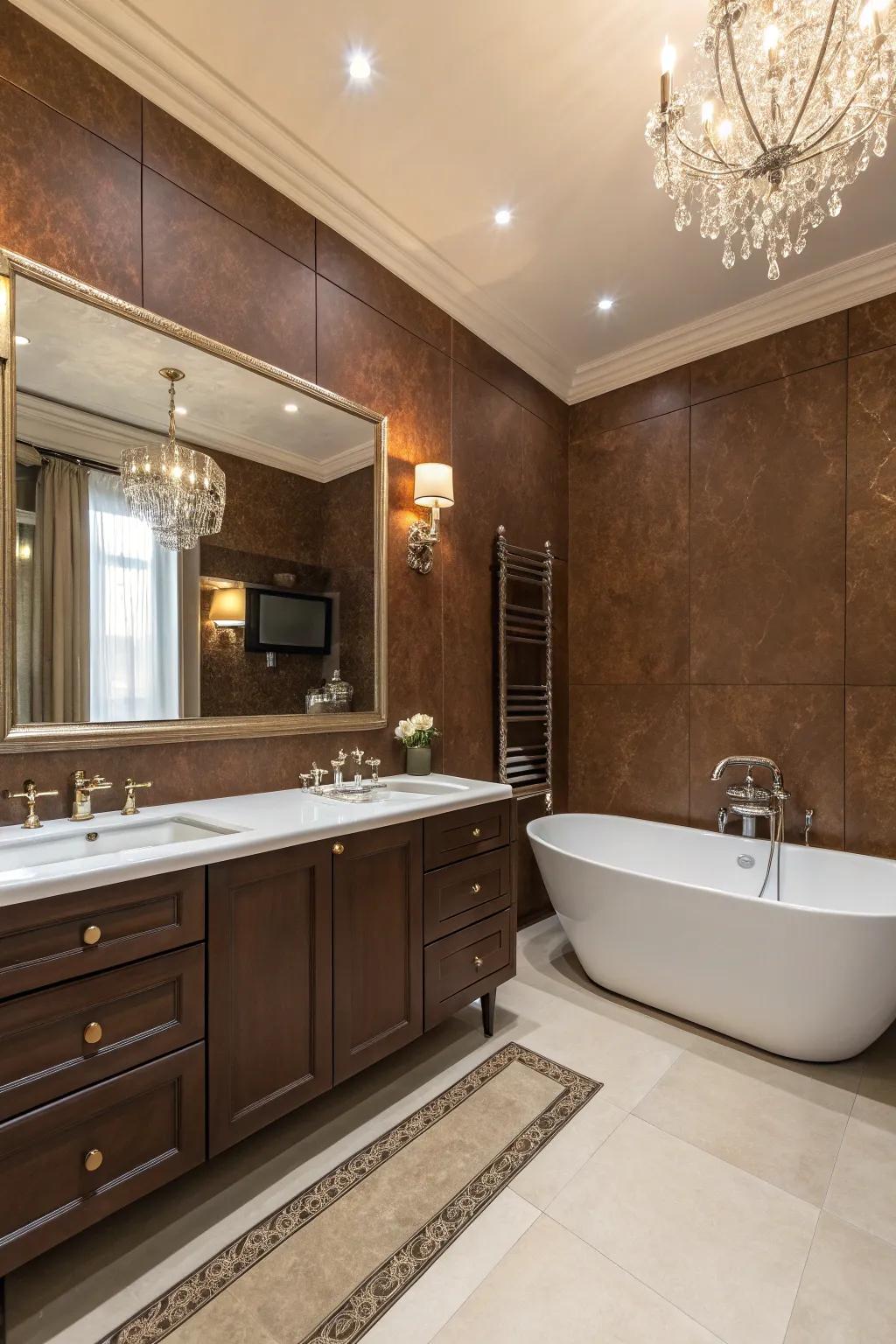 A lavish spa-like washroom encased in vibrant brown walls.
