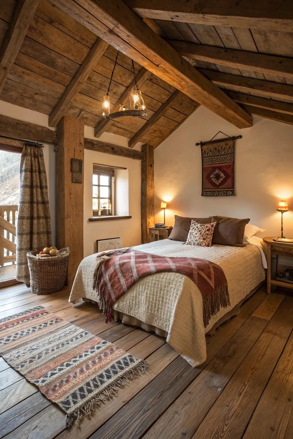 Charming rustic bedroom with reclaimed wood floors