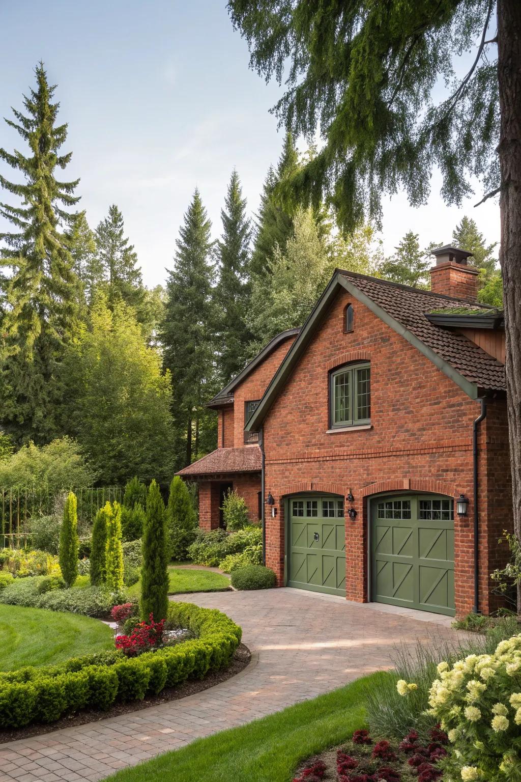 Olive garage doors add natural harmony to red brick homes.