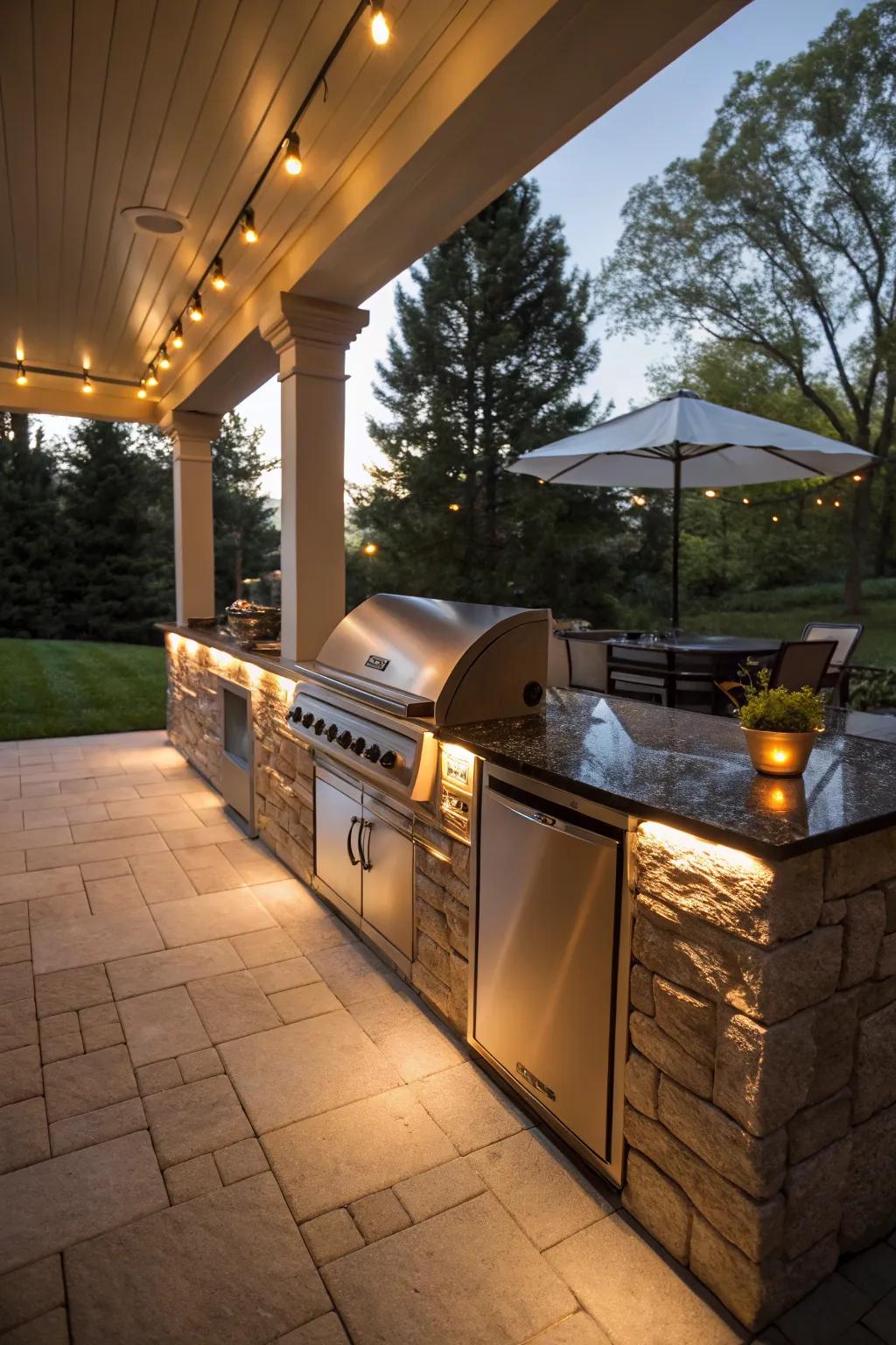 Under-counter lighting enhances visibility and style in outdoor kitchens.