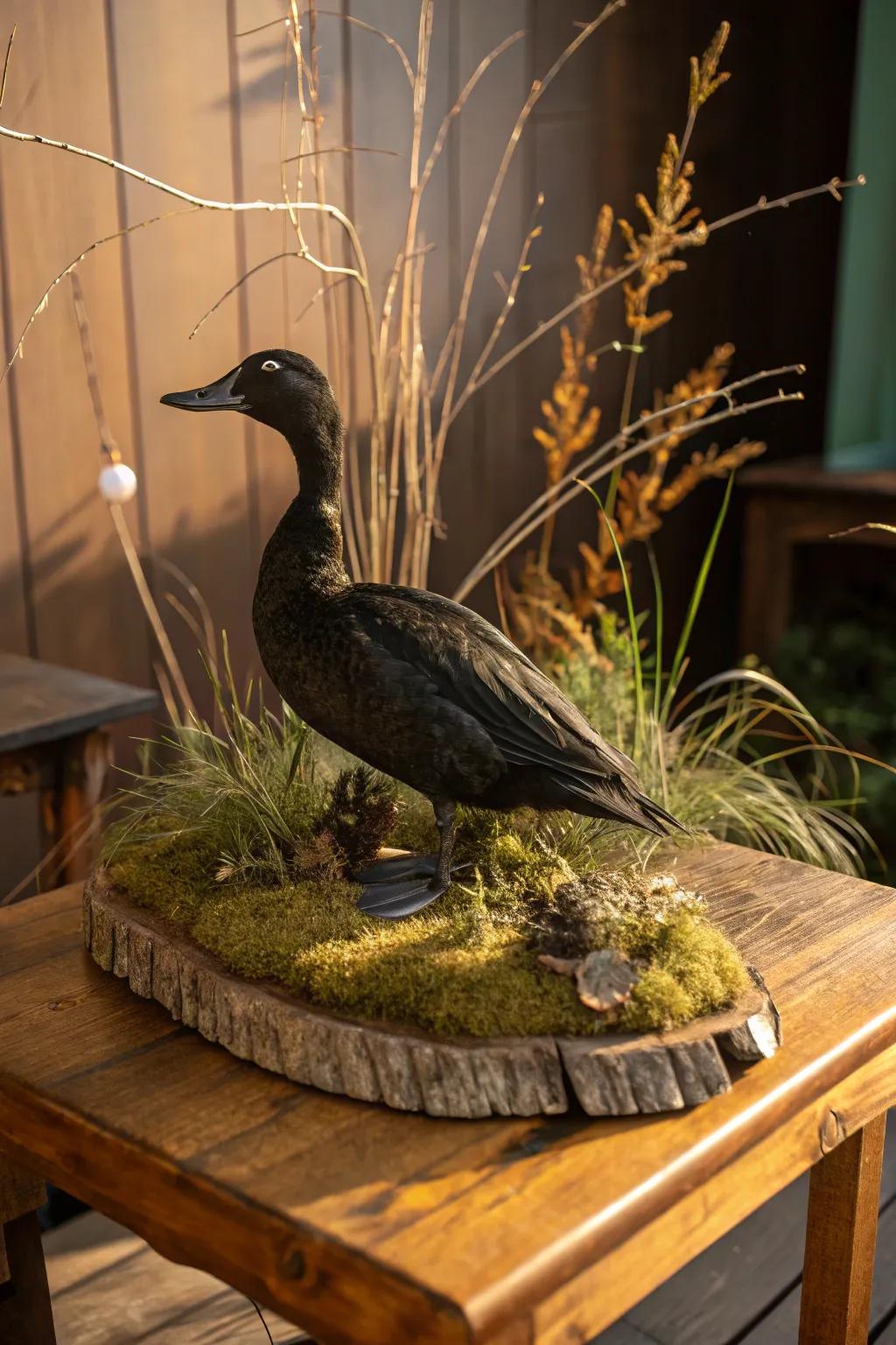 A black duck mount accented with natural elements for authenticity.