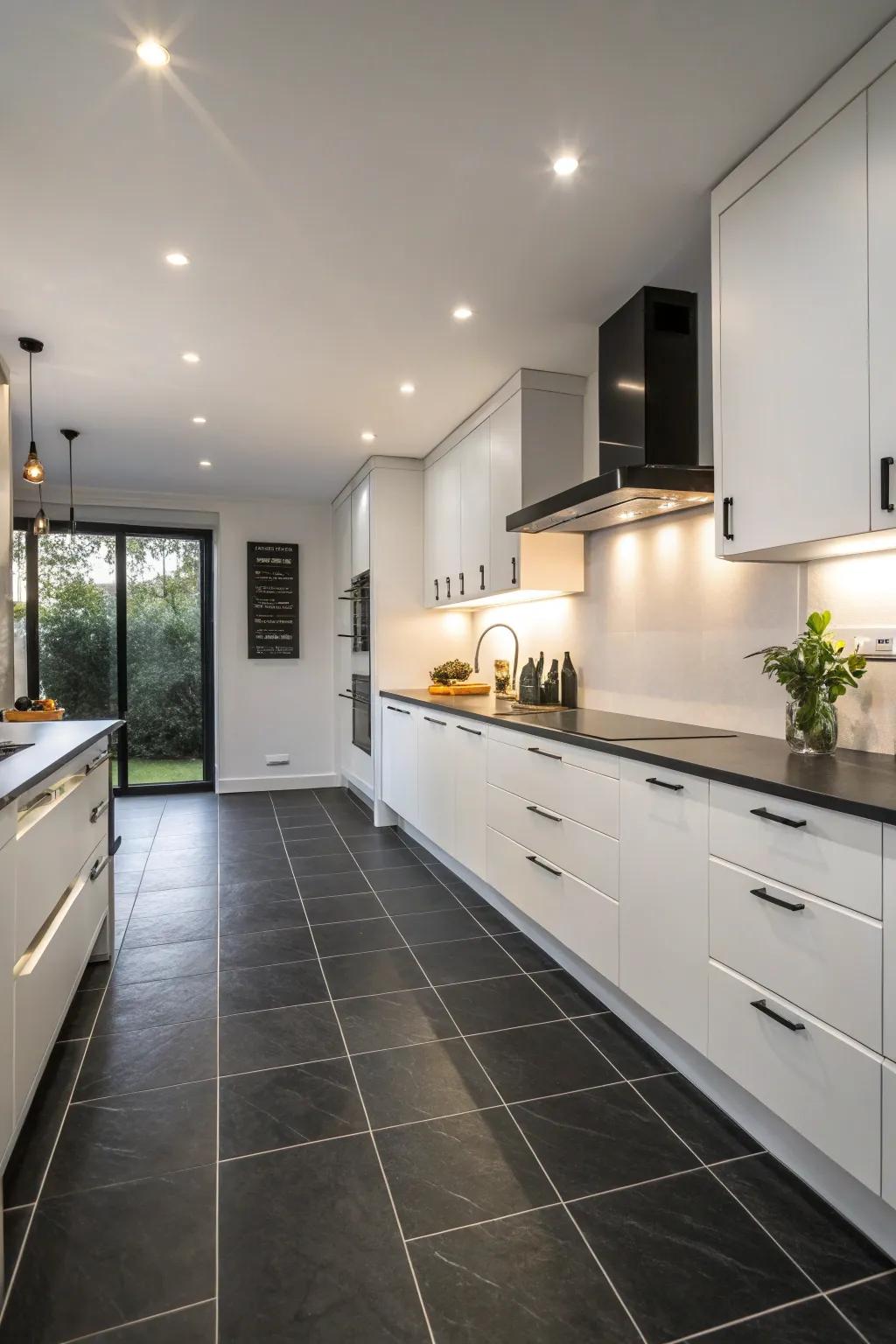 A kitchen elegantly featuring matte black floor tiles with a subtle finish.