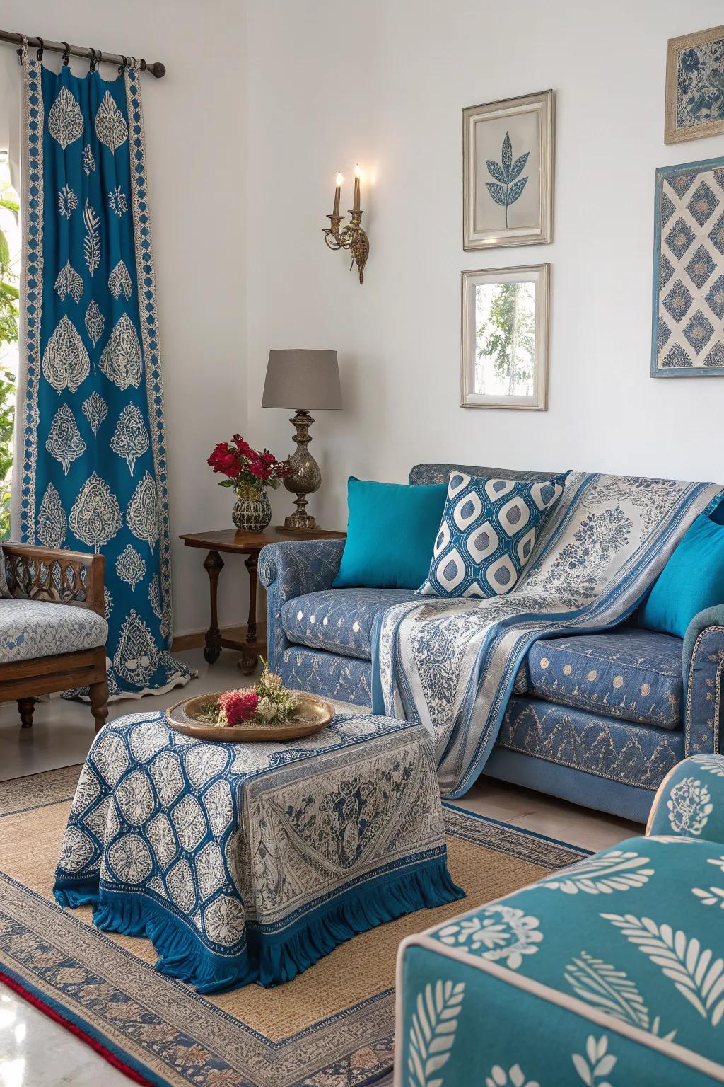 Blue patterns with silver accents bring vibrancy to this sophisticated living room.