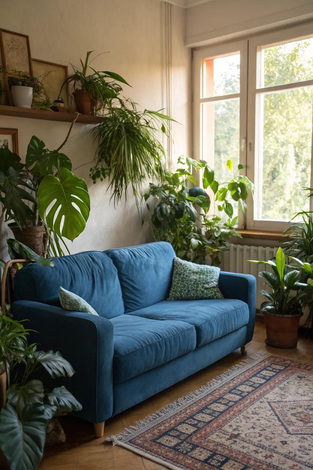 Greenery adds a fresh touch to a blue sofa setup.