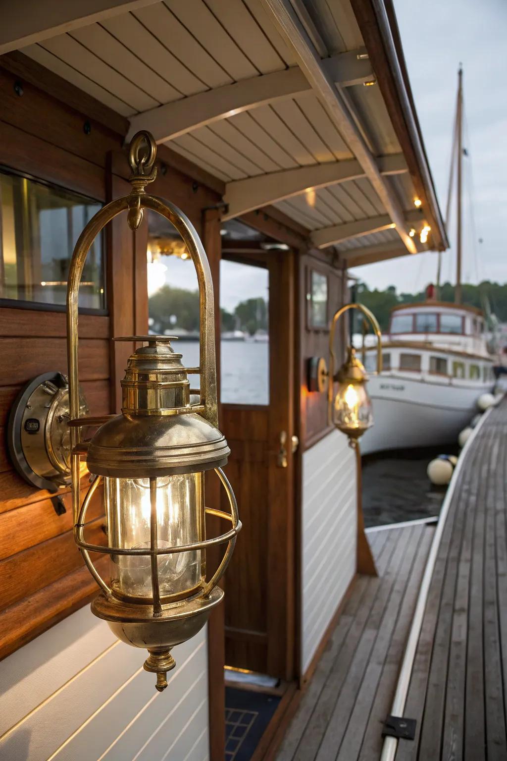 Nautical brass fixtures add an elegant and durable touch to the boat house.