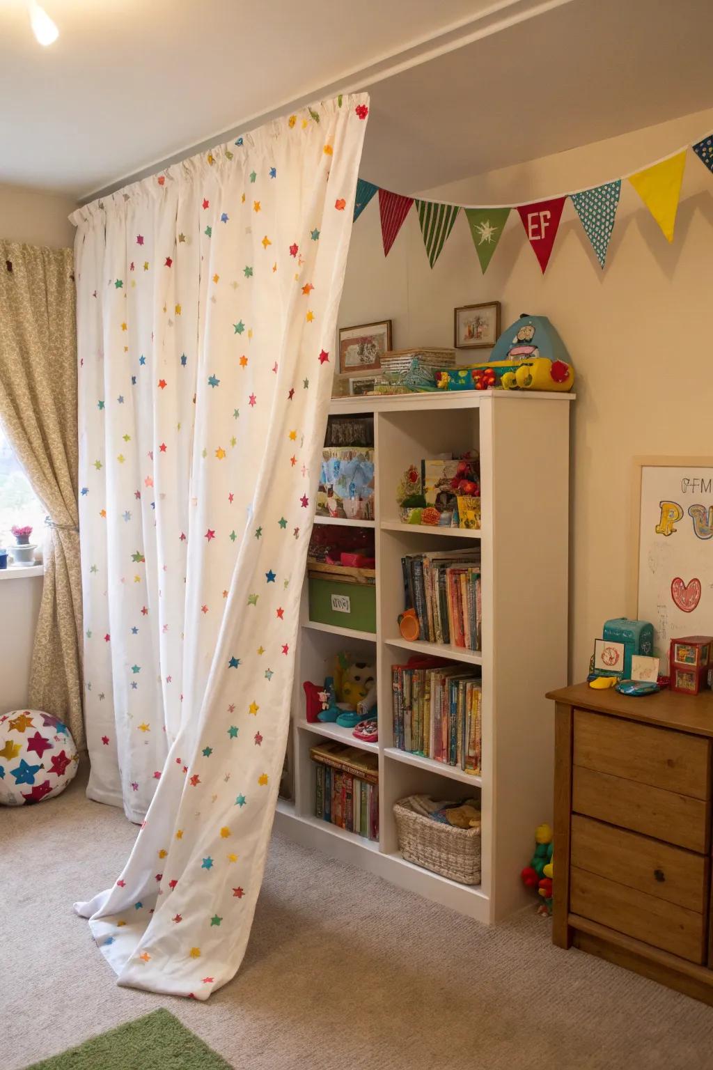 Dividing the room with curtains or bookcases creates personal space.